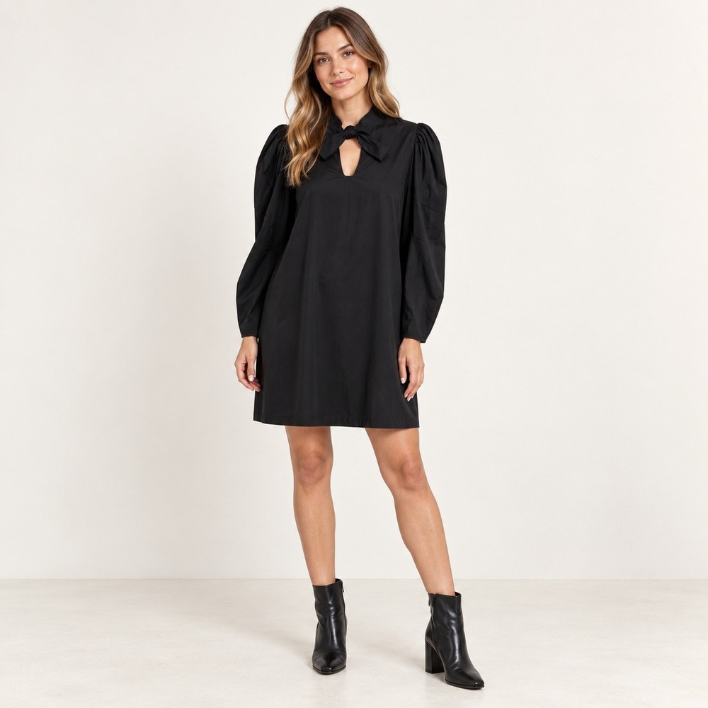 Scotch & Soda Bow Tie Neck Long Puff Sleeve Shift Dress Black Ecovero NWT S LBD